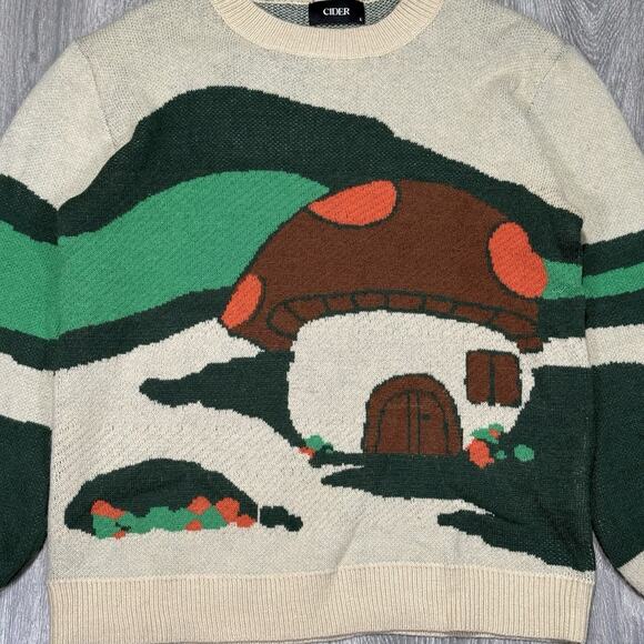 Cider Pullover Sweater Floral Mushroom Print Colorful Fairycore Grandma Size L - Picture 3 of 7